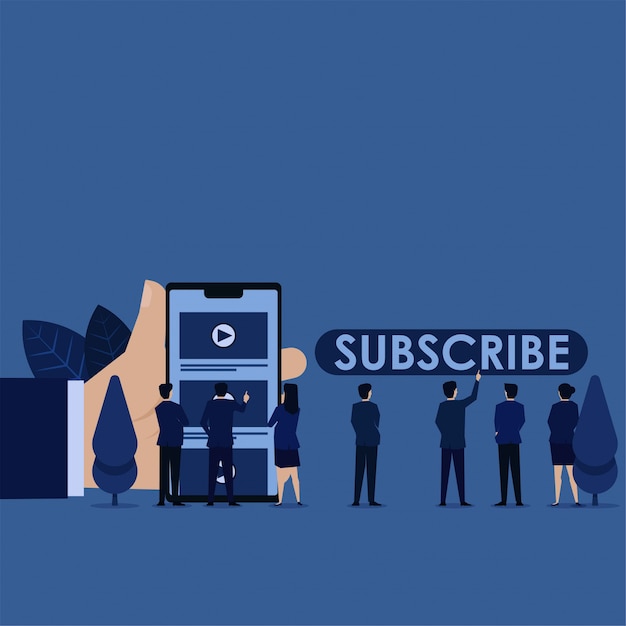 L'équipe commerciale clique sur le canal vidéo et voit la navigation dans les boutons s'abonner. Vecteur Premium