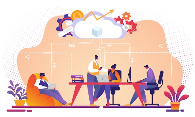 Équipe commerciale travaillant ensemble à l'aide du service cloud Vecteur Premium