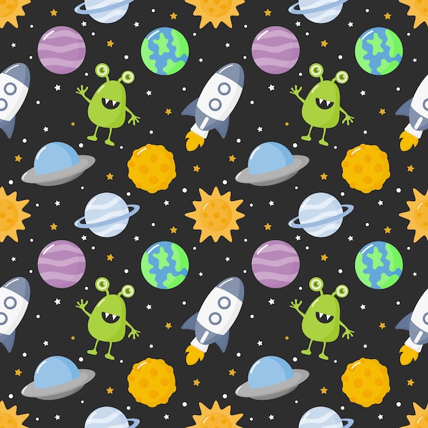 Espace de dessin animé de modèle sans couture. planètes isolées sur fond noir Vecteur Premium