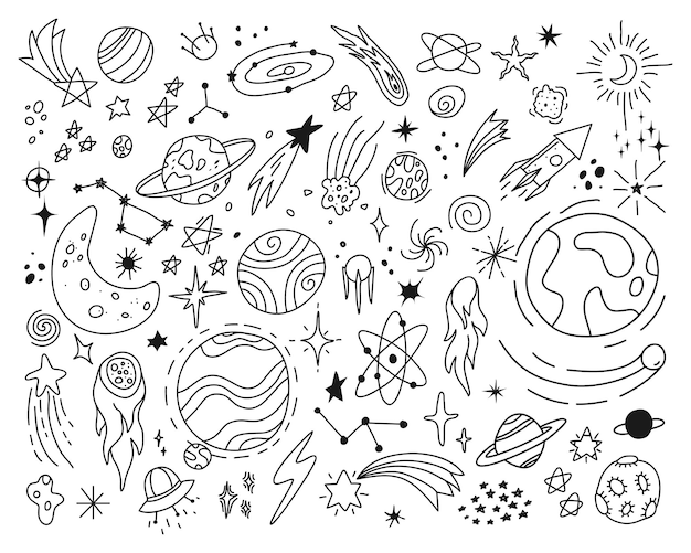 Espace Griffonnages Etoiles Mignonnes Planetes Croquis Dessin Vaisseau Spatial Ufo Planete Galaxie Lune Asteroide Vecteur Ensemble Vecteur Premium