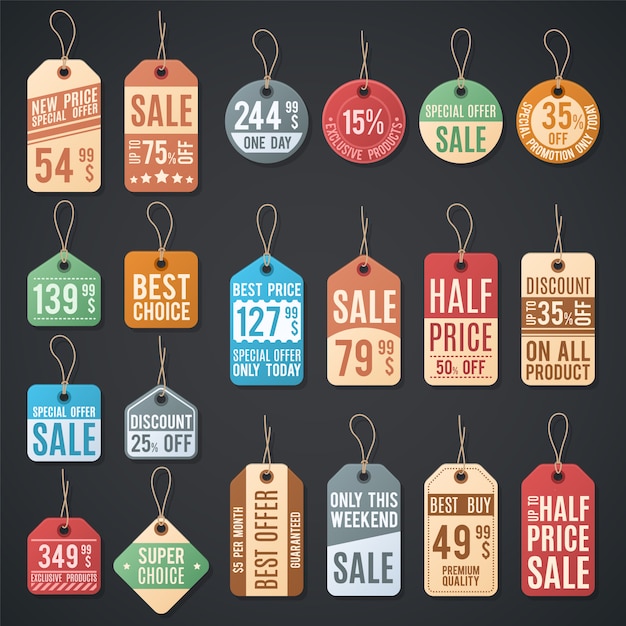 Étiquettes de prix et étiquettes de vente avec du fil. carte de réduction shopping shopping sur corde, illustration de promotion badge différent Vecteur Premium