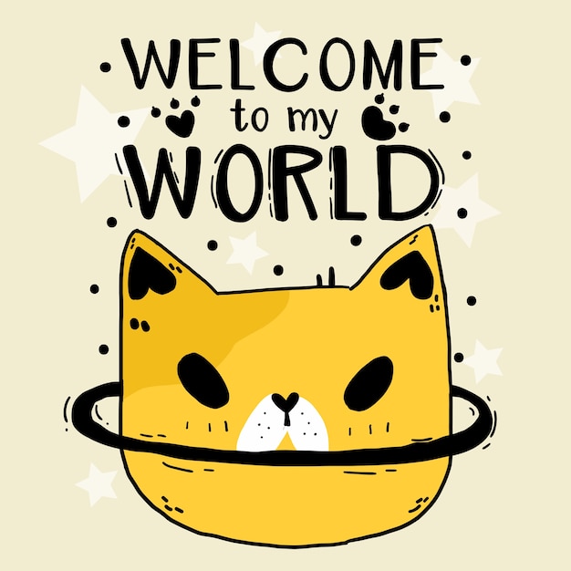 Etoile De Tete De Chat Drole De Griffonnage Mignon Bienvenue Dans Mon Illustration Du Monde Vecteur Premium