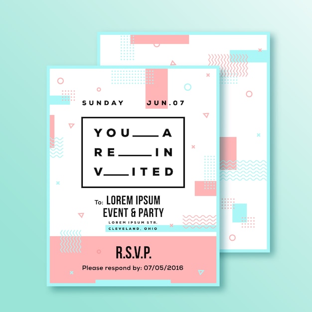Evenement Fete Carte D Invitation De Mariage Ou Modele D Affiche Fond De Style Suisse Plat Abstrait Moderne Avec Rayures Decoratives Zig Zags Et Typographie Couleurs Rouge Bleu Ombres Realistes Douces Vecteur Premium