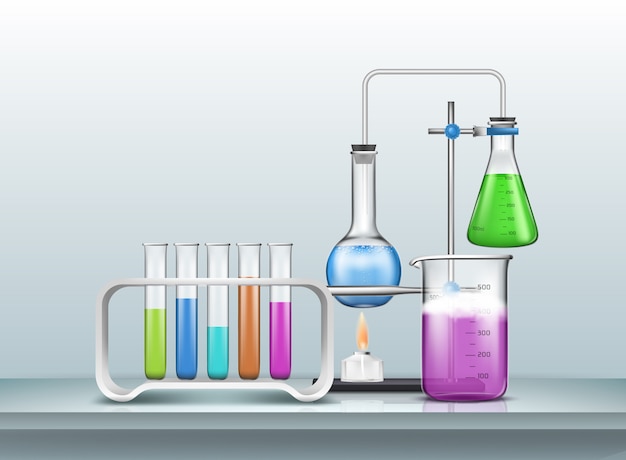 Experience Ou Test De Recherche En Chimie Ou Biologie Avec Verrerie Graduee En Laboratoire Remplie De Reactifs Colores Vecteur Gratuite