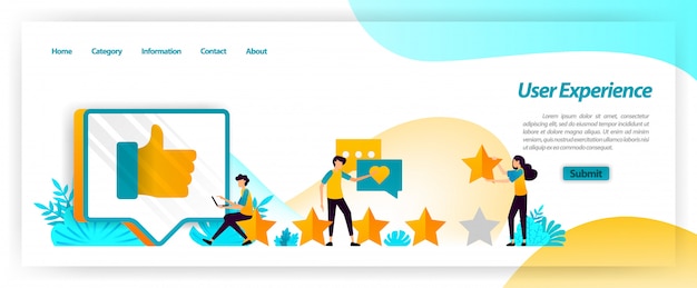L’expérience utilisateur, y compris les commentaires, évaluations et critiques, constitue un retour d’information pour gérer la satisfaction des clients lors de l’utilisation des services. modèle web de page de destination Vecteur Premium