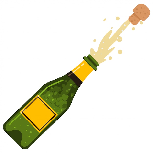 Explosion De Liege De Bouteille De Champagne Icone Plate De Dessin Anime De Vin Mousseux Isole Sur Fond Blanc Vecteur Premium