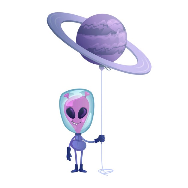 Extraterrestre Avec Illustration De Dessin Anime De Ballon Planete Extraterrestre En Combinaison Spatiale Modele De Personnage Pret A L Emploi Pour Commercial Animation Impression Heros De Bande Dessinee Isole Vecteur Premium