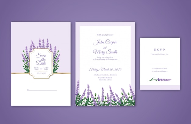 Faire-part de mariage aquarelle lavande Vecteur Premium