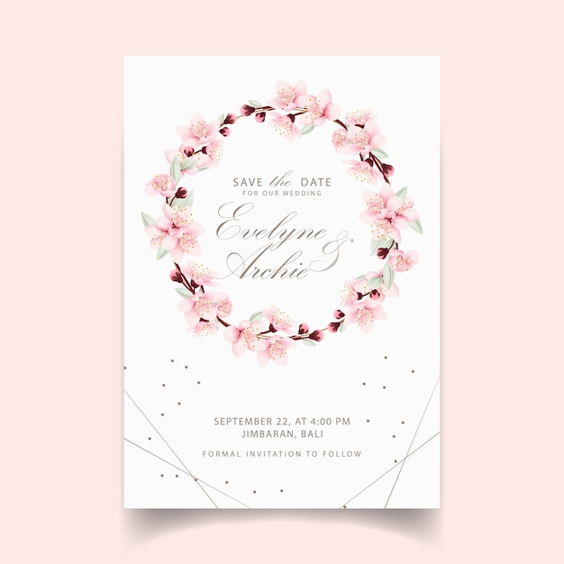 Faire-part de mariage avec des fleurs de cerisier Vecteur Premium