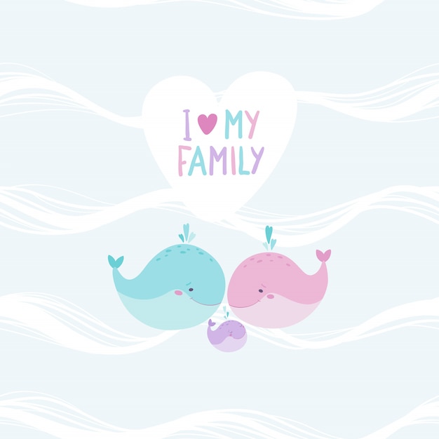 Famille De Baleines Mignonnes Sur Fond Transparent Ocean Maman Papa Et Bebe Illustration Enfantine Dessinee A