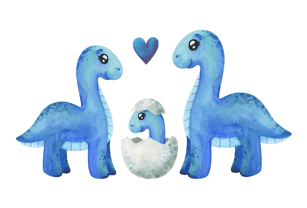 Famille De Diplodocus Bleu Avec Un Bebe Dinosaure Dans Une Coquille Clipart Pour La Decoration Avec Des Animaux Vecteur Premium