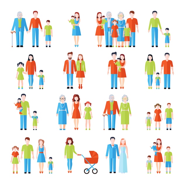 Famille heureuse trois générations plats icônes sertie de père mère grands-parents et enfants abstract vector illustration isolée Vecteur gratuit