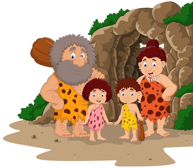 Famille Dhomme Des Cavernes Dessin Animé Avec Fond De La Grotte Vecteur Premium 6907