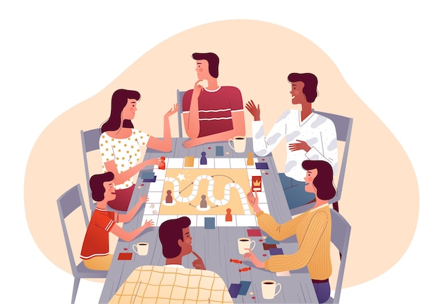 Une Famille Joyeuse Joue à Des Jeux De Société Avec Des Amis | Vecteur