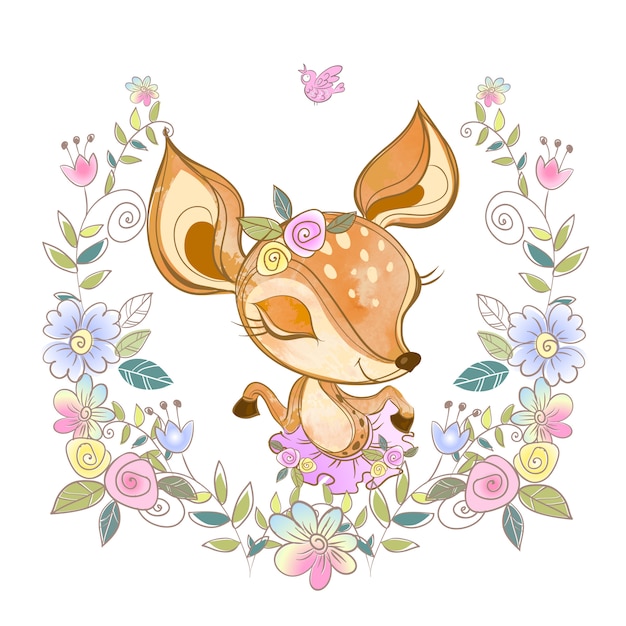 Faon mignon dans une gerbe de fleurs. Vecteur Premium