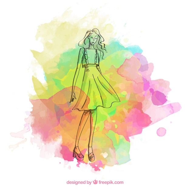 Fashion Girl Croquis Avec Des Taches Colorees De Peinture Vecteur Gratuite