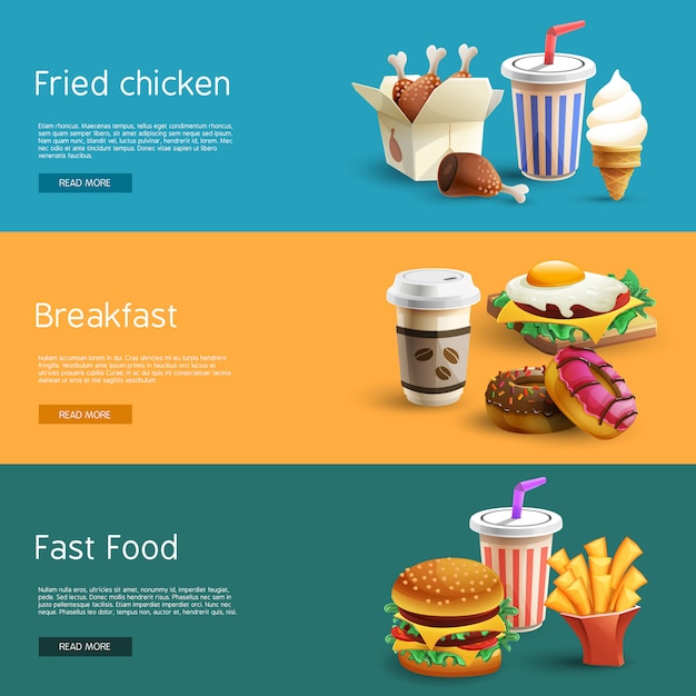 Fastfood options pictogrammes 3 bannières horizontales Vecteur gratuit