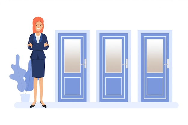 Femme d'affaires debout devant les trois portes. les gens choisissent la voie. Vecteur Premium