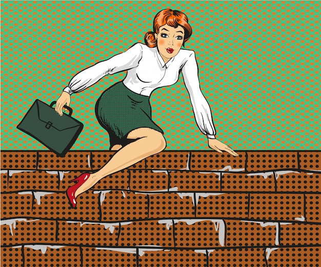 Femme d'affaires grimpant par-dessus la clôture dans un style pop art Vecteur Premium