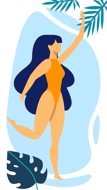 Femme aux cheveux longs en maillot de bain jaune Vecteur Premium