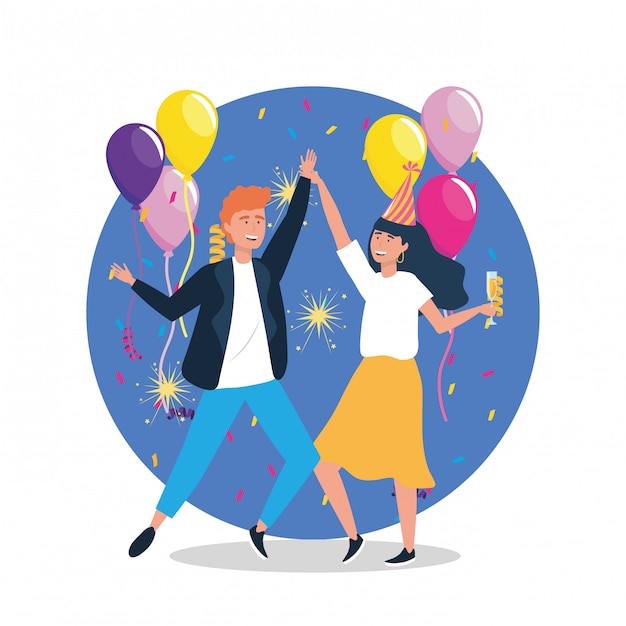 Femme, homme, danse, ballons, chapeau Vecteur gratuit