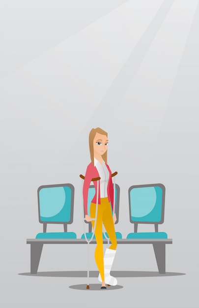 Femme avec une jambe cassée et des béquilles. Vecteur Premium