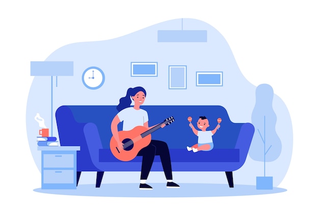 Femme Jouant De La Guitare Pour Bebe Avec Des Maracas Maison Canape Illustration Amusante Concept De Divertissement Et De Musique Pour Banniere Site Web Ou Page Web De Destination Vecteur Premium