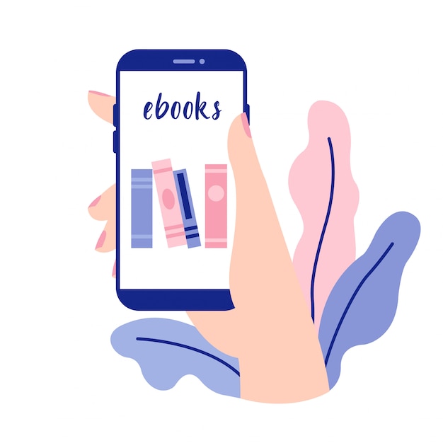 Femme main tenant un smartphone avec l'application de lecture d'ebooks. vecteur smartphone, appareil mobile, application mobile de conception. Vecteur Premium