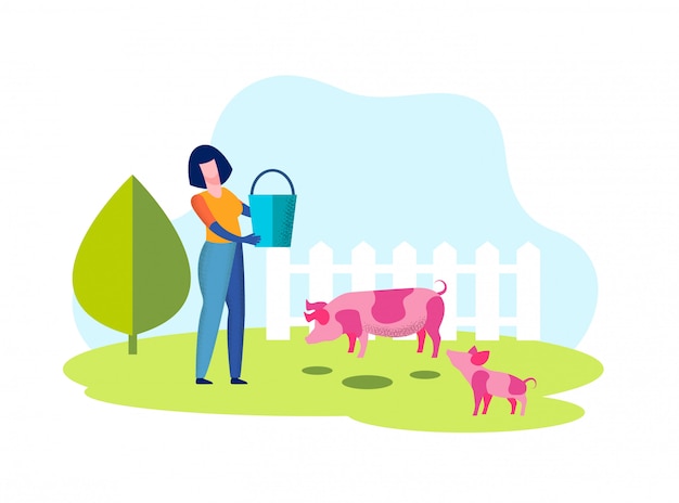 Femme, seau, mains cochon dans une volière à la ferme. Vecteur Premium