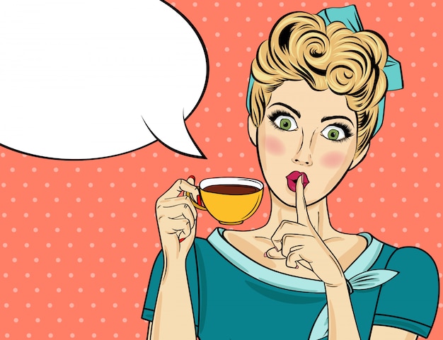 Femme sexy pop art blonde avec une tasse de café. affiche publicitaire en style bande dessinée. vecteur Vecteur Premium
