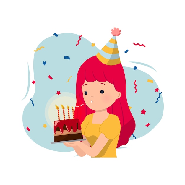 Femme Soufflant Une Bougie Sur Un Gateau D Anniversaire Decore De Confettis Carte De Voeux De Joyeux Anniversaire Faire Un Vœu Caractere Sur Blanc Vecteur Premium