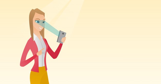 Femme utilisant un scanner d'iris pour déverrouiller un téléphone portable Vecteur Premium