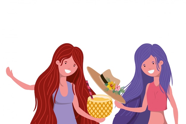 Femmes avec maillot de bain et cocktail d'ananas Vecteur gratuit