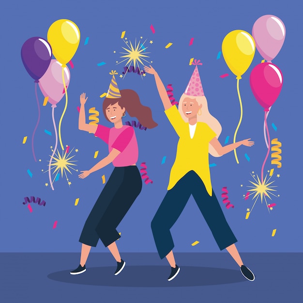 Femmes mignonnes avec chapeau de fête et scintille de feux d'artifice Vecteur gratuit