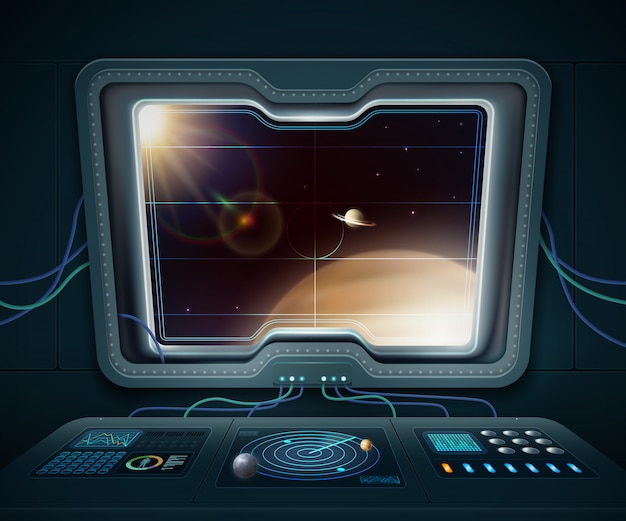 Fenêtre de vaisseau spatial avec planètes de l'espace et étoiles de dessin animé illustration vectorielle Vecteur gratuit