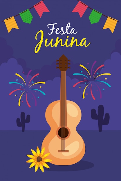 Festa Junina Avec Guitare Et Decoration Festival De Juin Du Bresil Decoration De Fete Vecteur Premium
