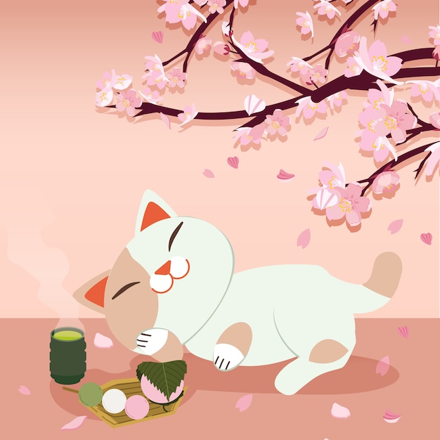 Festival Hanami Festival Des Fleurs De Cerise Festival Au Japon Chat Relaxant Chat Qui Dort Vecteur Premium