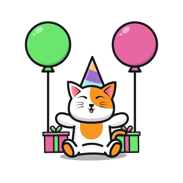 Fete D Anniversaire De Chat Mignon Avec Illustration De Dessin Anime De Cadeau Et Ballon Vecteur Premium