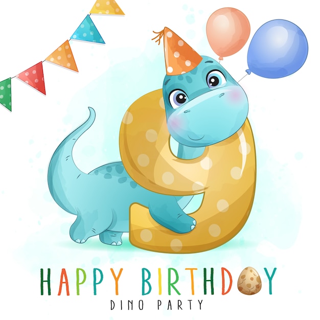 Fete D Anniversaire De Dinosaure Mignon Avec Illustration De Numerotation Vecteur Premium