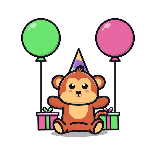 Fete D Anniversaire De Singe Mignon Avec Illustration De Dessin Anime De Cadeau Et Ballon Vecteur Premium