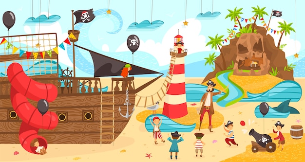 Fete De Pirate Pour L Anniversaire Des Enfants Des Enfants Heureux Jouant A Un Jeu Amusant Illustration Vecteur Premium