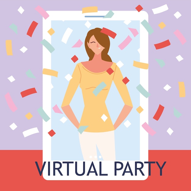Fete Virtuelle Avec Dessin Anime Femme Et Confettis Dans La Conception De Smartphone Joyeux Anniversaire Et Chat Video Vecteur Premium