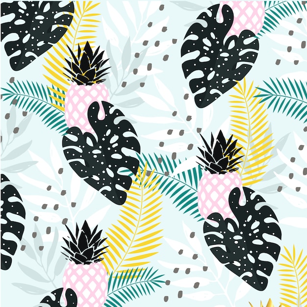 Feuilles tropicales abstraites avec fond d'ananas Vecteur Premium