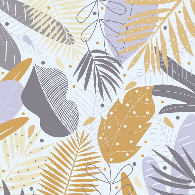 Feuilles tropicales jaunes et grises sur fond pastel Vecteur Premium