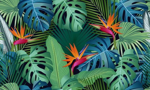 Feuilles Tropicales De Modèle Sans Couture Avec Oiseau De