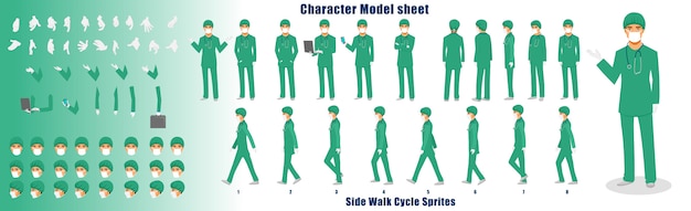 Fiche de modèle de personnage médecin avec séquence d'animation du cycle de marche Vecteur Premium