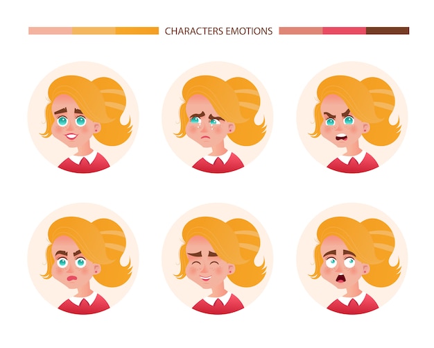 Fille d'avatar émotions de caractère aux cheveux rouges. emoji avec différentes expressions du visage de femme joie pleurs colère surprise surprise rire effroi. illustration vectorielle en style cartoon Vecteur gratuit
