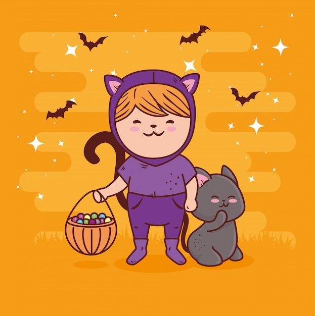 Fille Deguisee De Chat Mignon Pour Joyeuse Fete D Halloween Avec Chat Animal Et Bonbons Vector Illustration Design Vecteur Premium Fille Deguisee De Chat Mignon Pour Joyeuse Fete D Halloween Avec Chat Animal Et Bonbons Vector Illustration Design Vecteur Premium