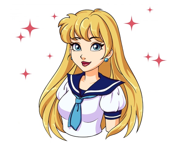 Fille De Dessin Anime Avec Des Cheveux Blonds En Uniforme Scolaire Japonais Illustration Dessinee A La Main Vecteur Premium