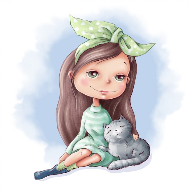 Fille De Dessin Anime Mignon Avec Un Chat Et Des Amis Vecteur Premium